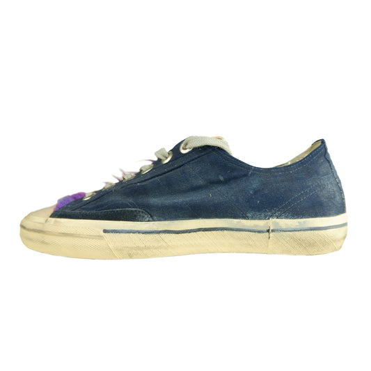 Chic Denim Blue Sneakers with Purple Fur Accent