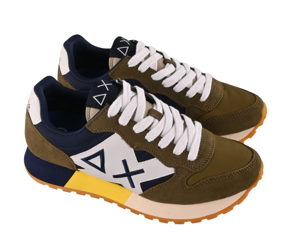 Army Green & Blue Leather Sneakers for Men
