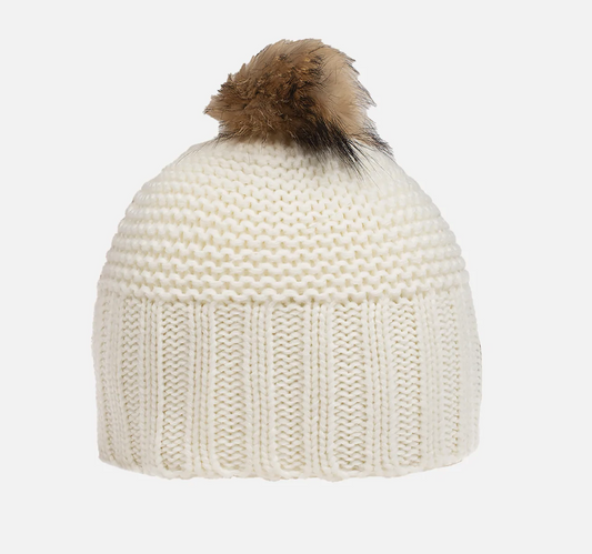 Chic Winter White Hat with Raccoon Pompon