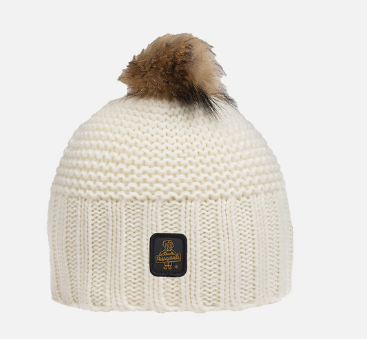 Chic Winter White Hat with Raccoon Pompon