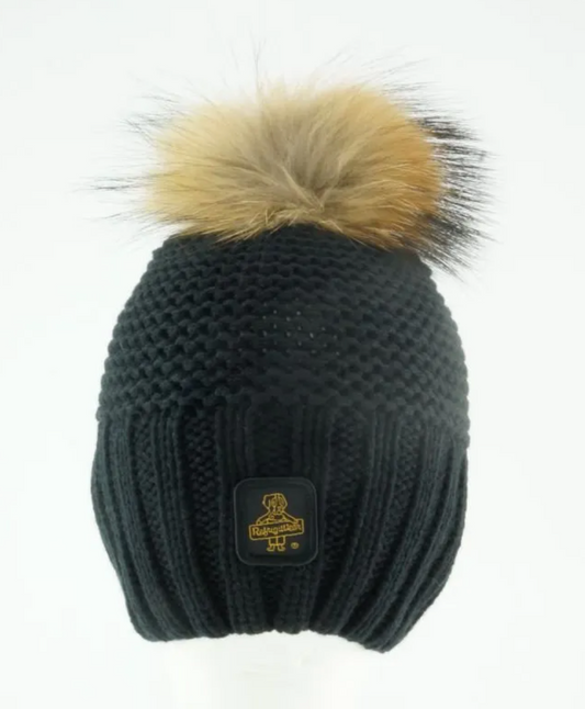 Chic Black Pompon Hat with Logo Accent