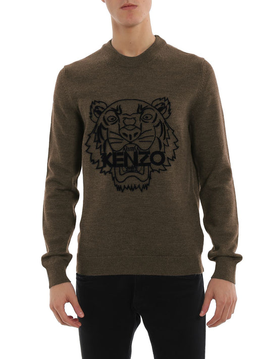 Embossed Tiger Motif Crewneck Sweater