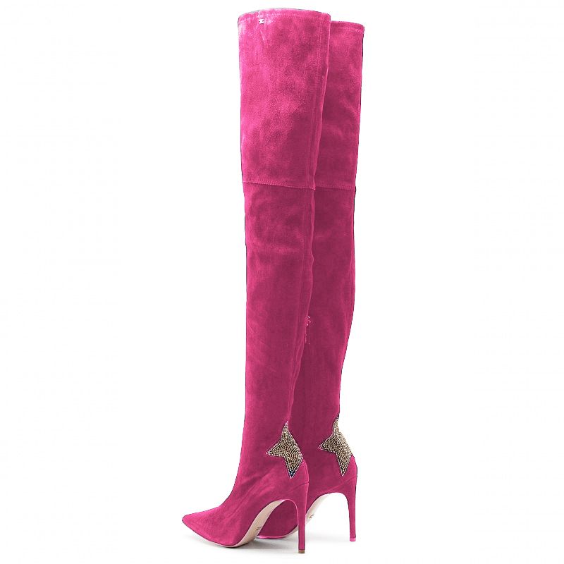 Fuchsia Suede Pointed Boots with Rhinestone Heel