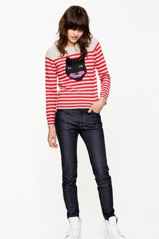 Chic Red Striped Cashmere Sweater with Cat Motif