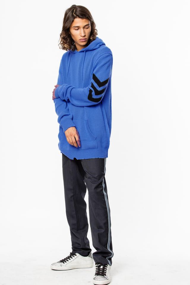 Chic Blue Cashmere Hooded Sweater with Arrow Motif