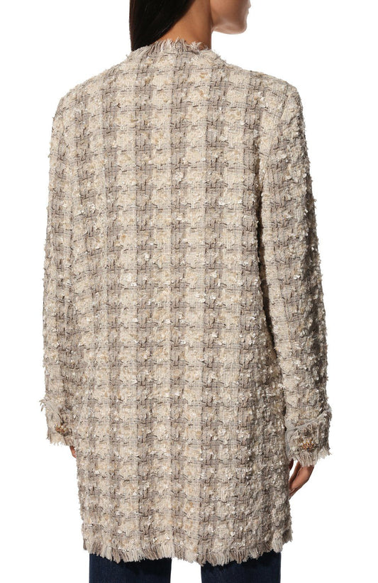 Elegant Tweed-Weave Cotton Coat with Jewel Buttons