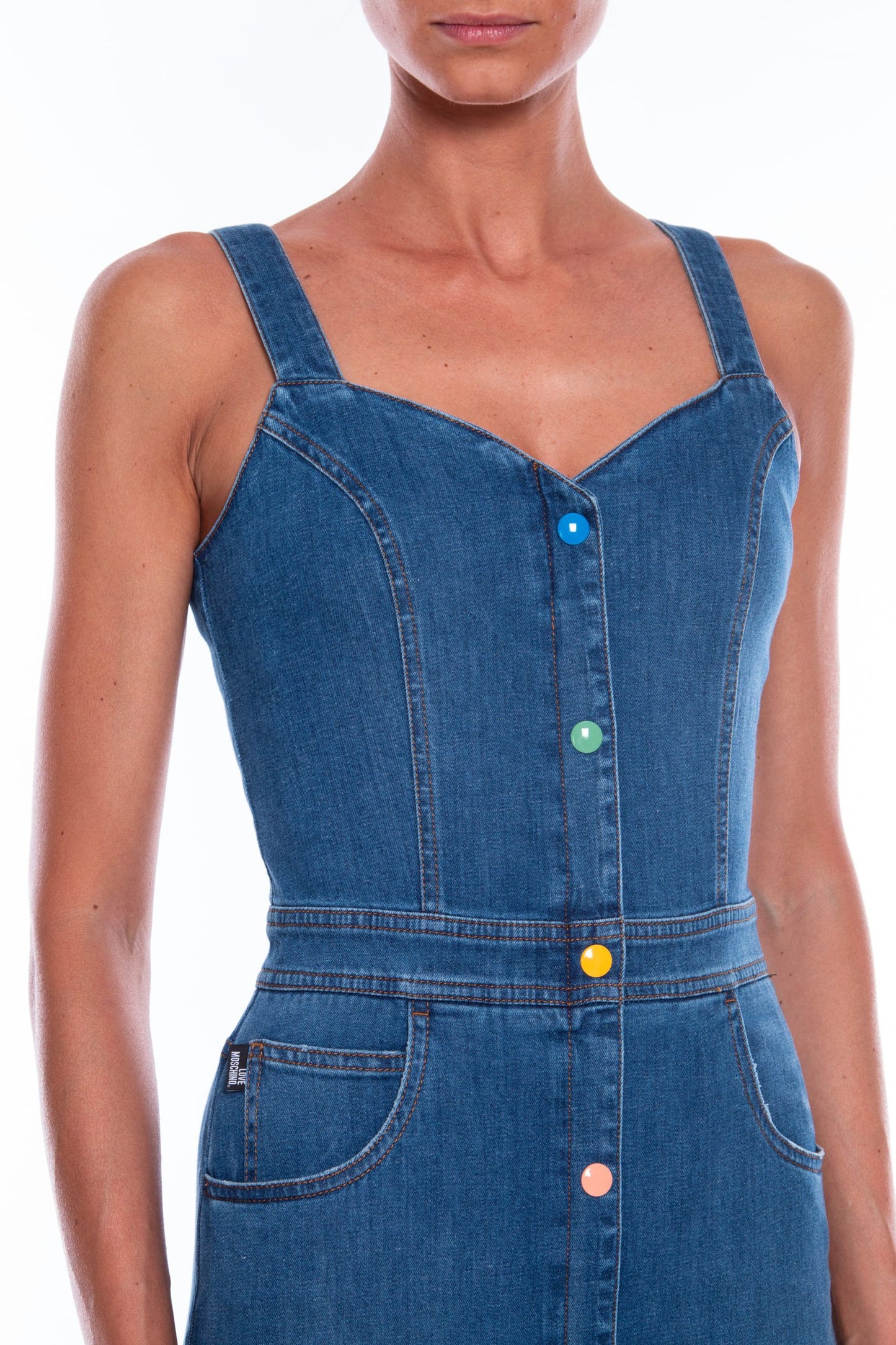 Chic Sleeveless Denim Dress with Colored Buttons