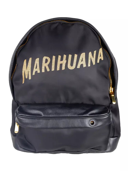Sleek Black Nylon & Leather Backpack with Gold Accents