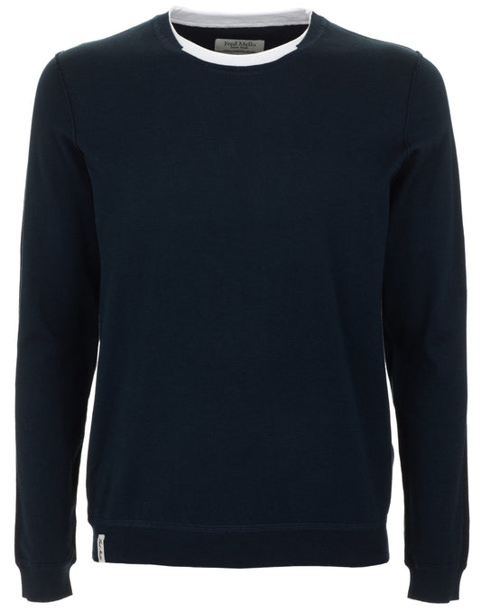 Chic Blue Cotton Crew Neck Sweater with Contrast Collar