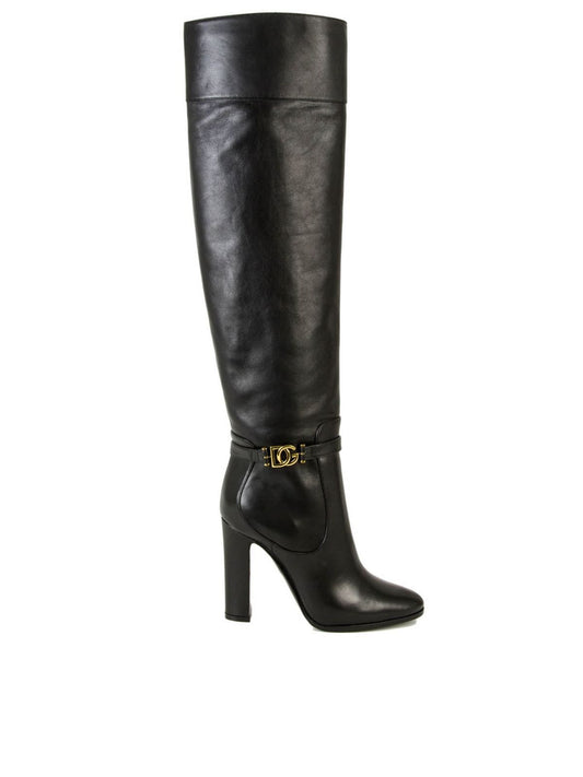 Elegant Black Calf Leather Boots with Gold Detail
