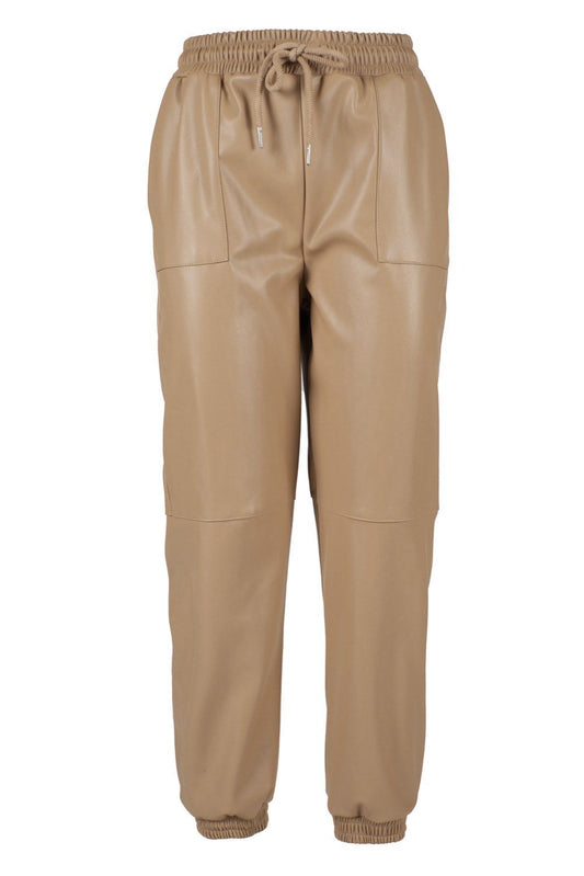 Chic Beige Drawstring Leatherette Trousers