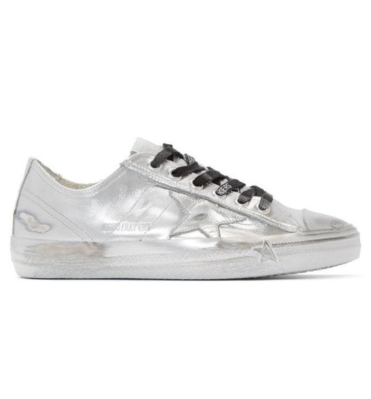 Metallic Silver Distressed Leather Sneakers