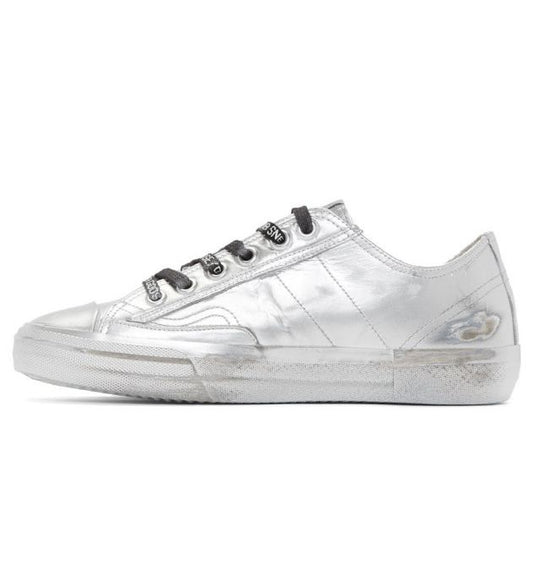 Metallic Silver Distressed Leather Sneakers