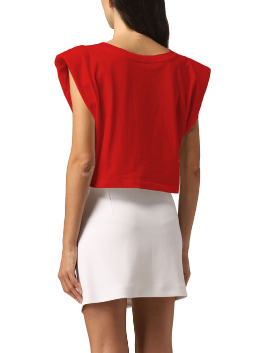Chic Red Shoulder Pad Tee with Logo Accent