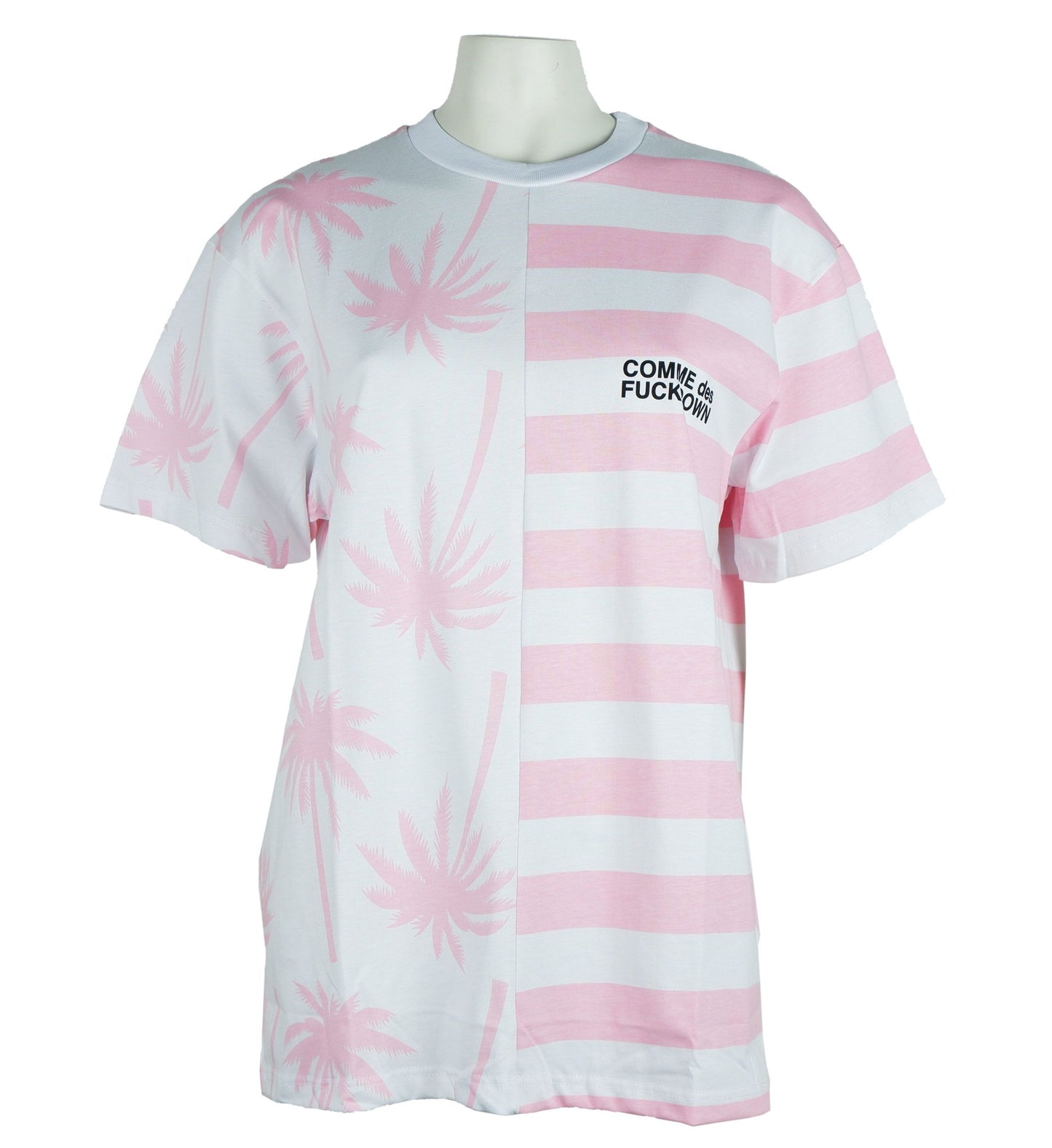 Chic Pink Striped Cotton Tee with Palm Motif