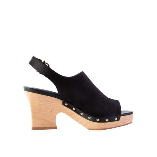 Susanne Black Leather and Fabric Wedge Sandals