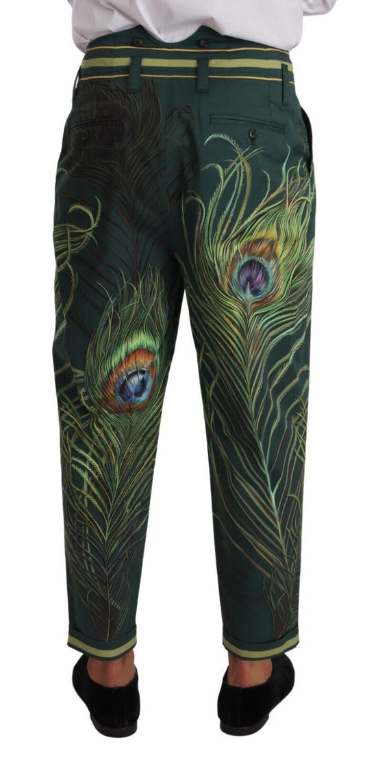 Elegant Tapered Cotton Pants with Peacock Feather Print