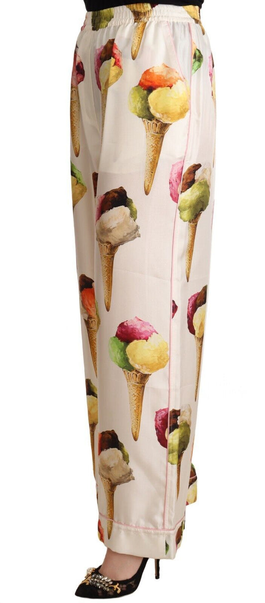 Elegant Silk Lounge Pants with Ice Cream Print