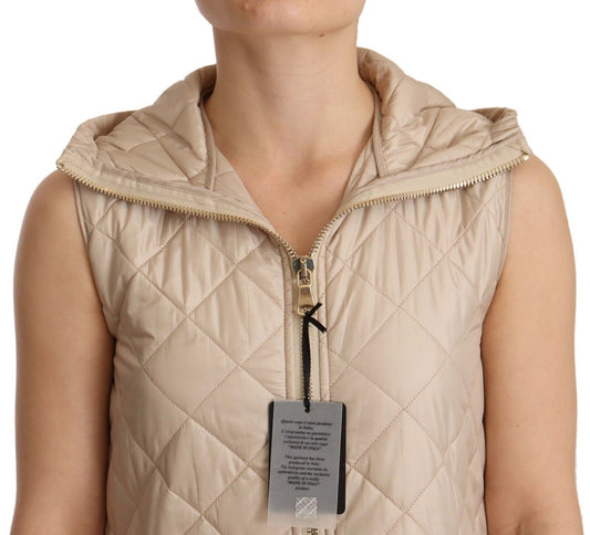 Beige Hooded Quilted Sleeveless Jacket
