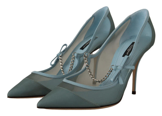 Chic Blue Mesh Heels with Silver Chain Details