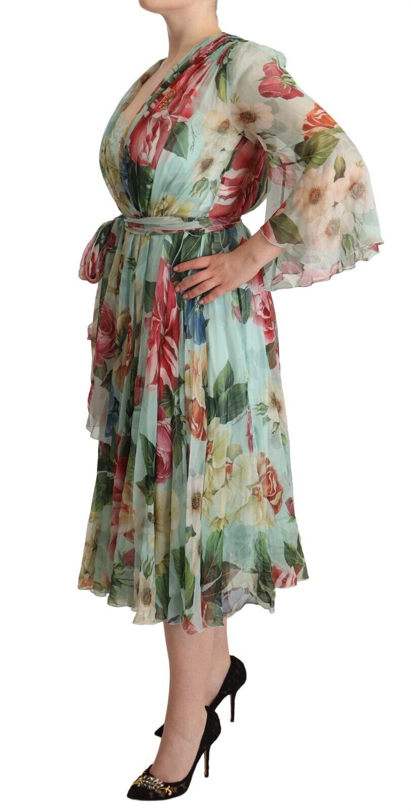 Elegant Floral Green Midi Silk Dress