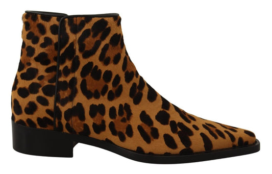 Elegant Leopard Zip-Up Leather Boots