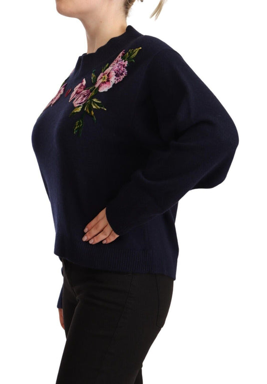 Floral Embroidered Blue Cashmere Sweater