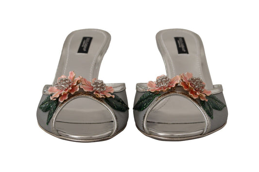 Elegant Silver Floral Kitten Heel Sandals