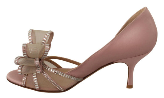 Elegant Pink Satin Crystal Bow Heels