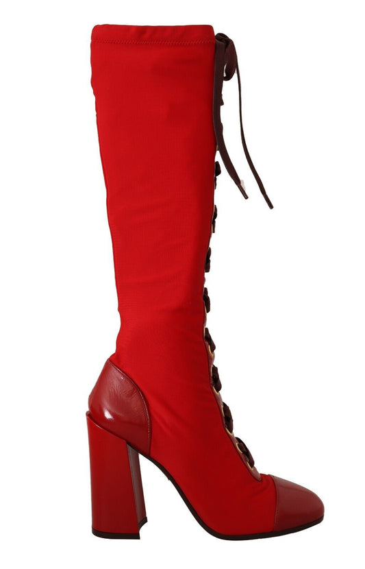 Red Lace-Up Knee High Leather Boots