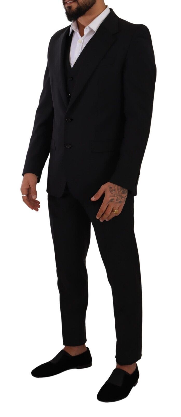 Elegant Black Martini Three-Piece Wool Suit