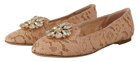 Elegant Beige Lace Ballet Flats with Crystal Buckle