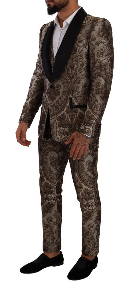 Elegant Brown Gray Jacquard Men's Suit