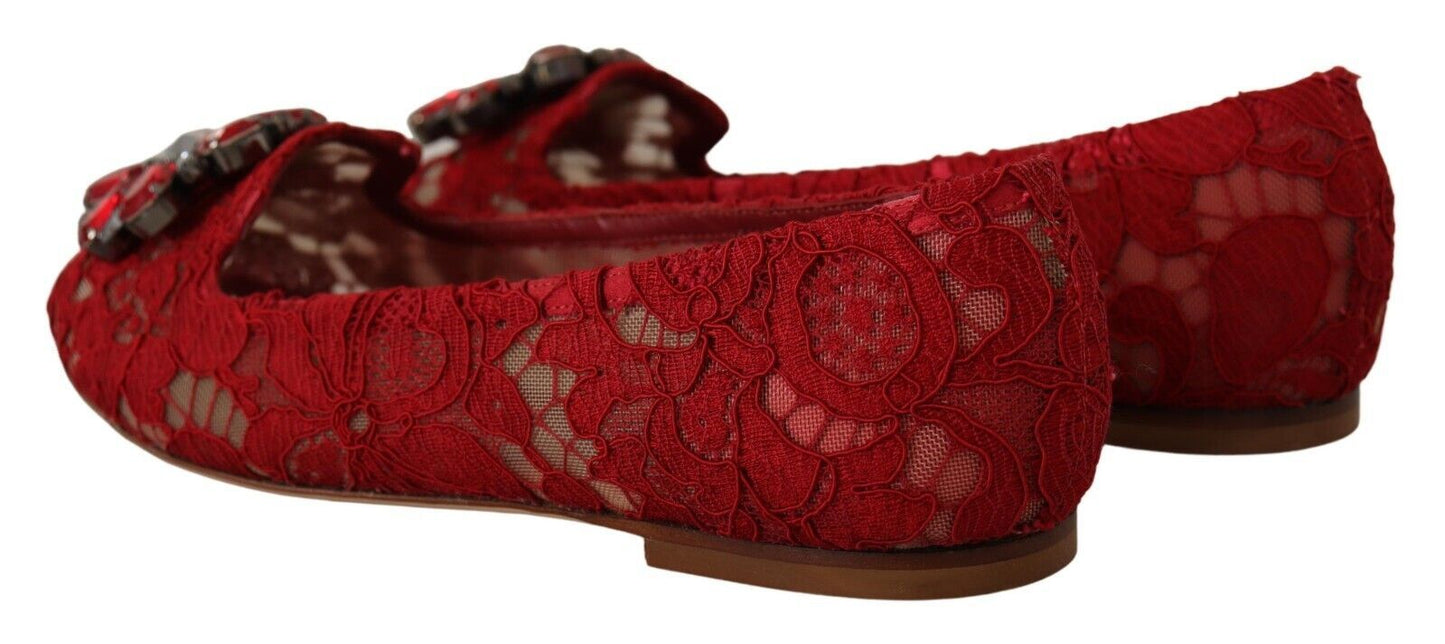 Radiant Red Lace Ballet Flats with Crystal Buckle