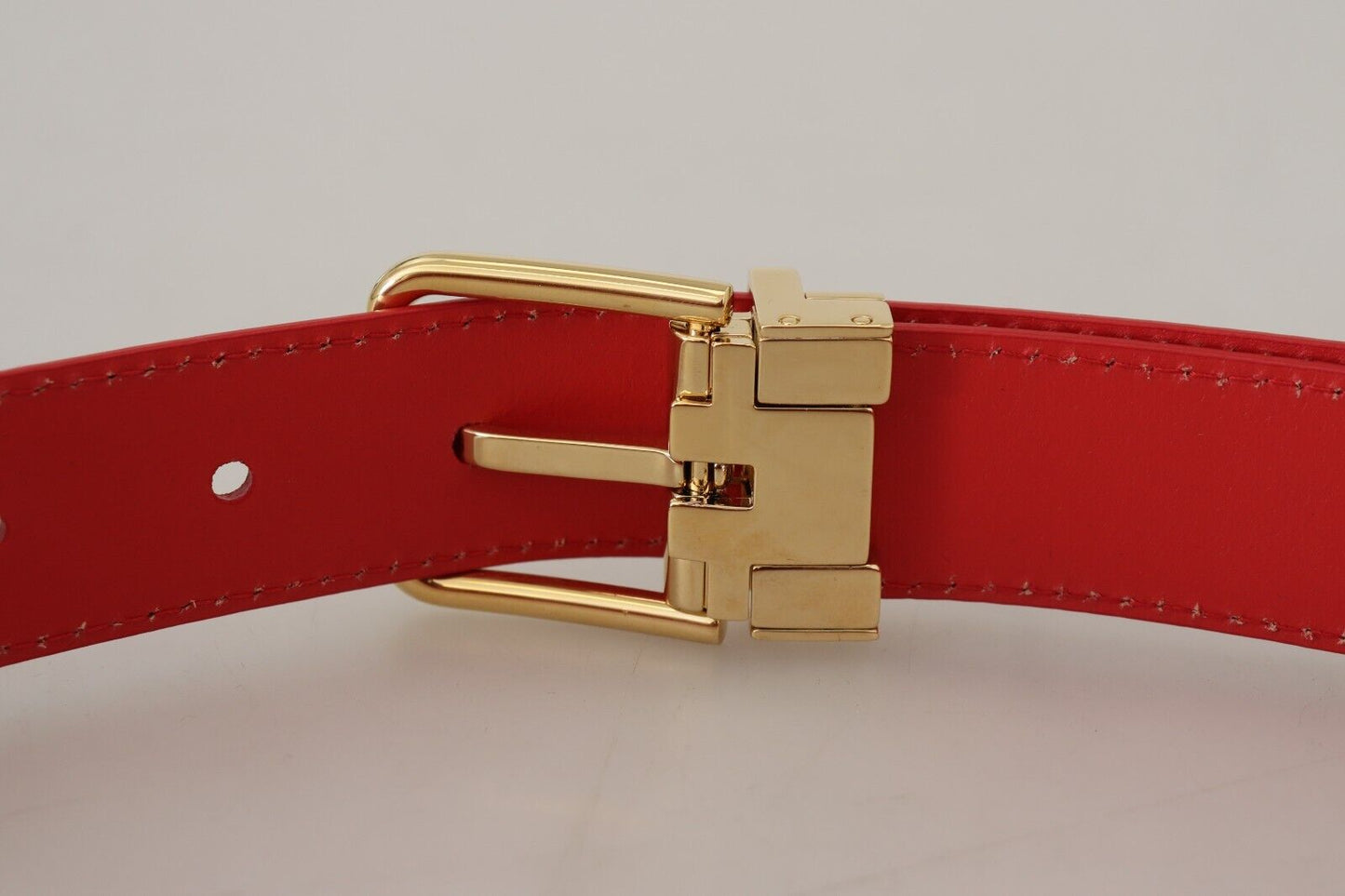 Exquisite Red Leather Belt with Gold-Tone Buckle
