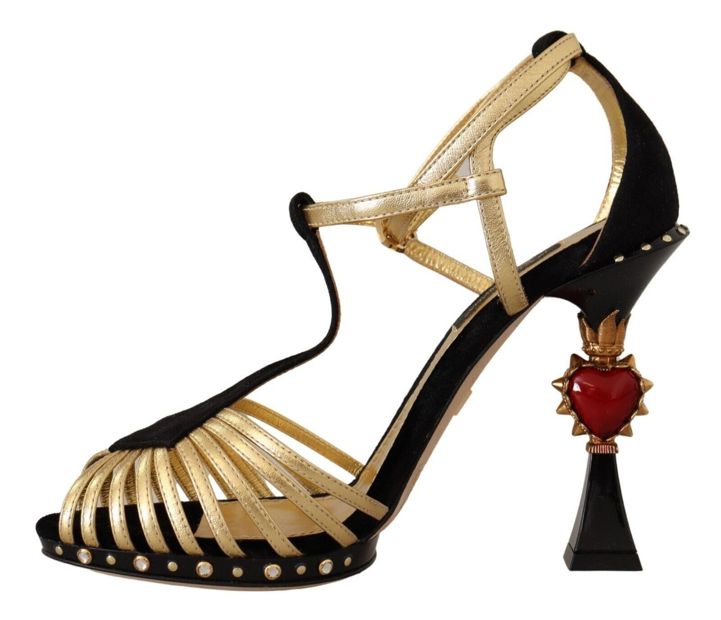 Elegant T-Strap Heels Sandals in Gold and Black