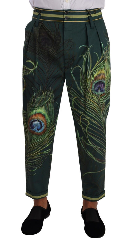 Elegant Tapered Cotton Pants with Peacock Feather Print