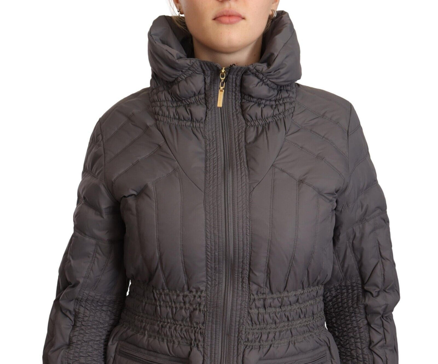Elegant Quilted Long Jacket with Logo Patch