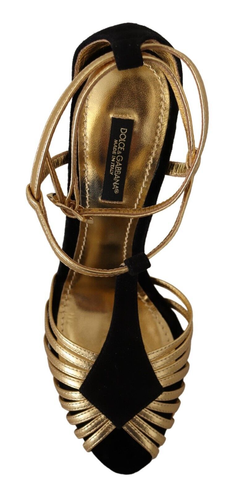 Elegant T-Strap Heels Sandals in Gold and Black