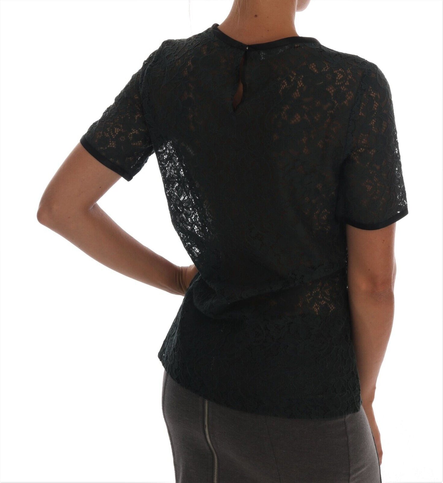 Dark Green Floral Lace Short Sleeve Blouse