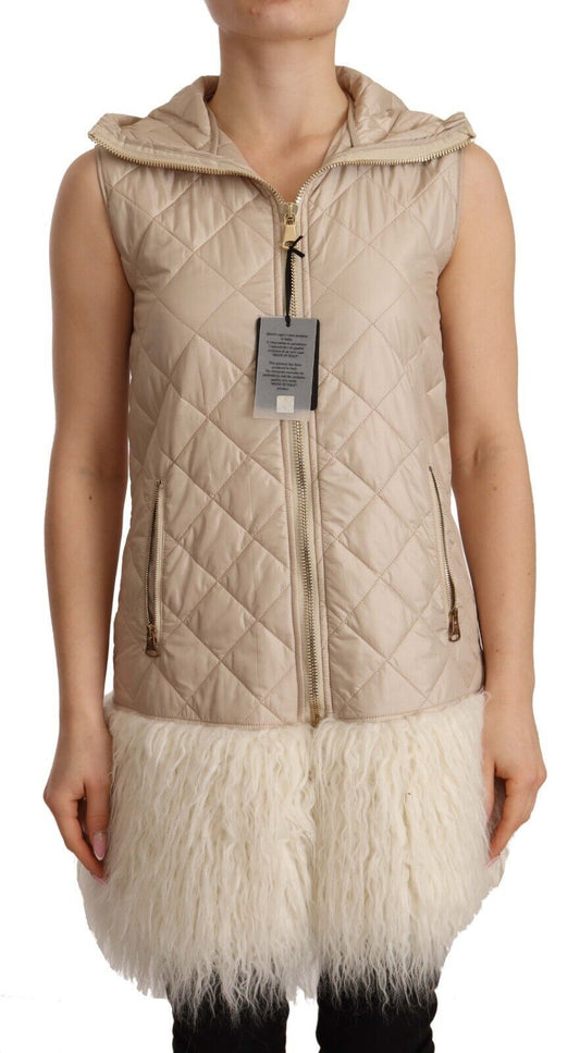 Beige Hooded Quilted Sleeveless Jacket