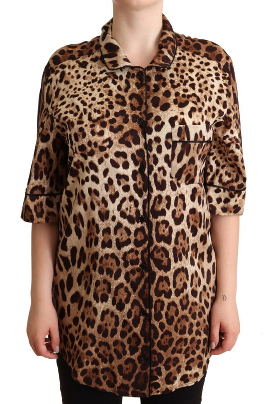 Elegant Leopard Print Silk Polo Top