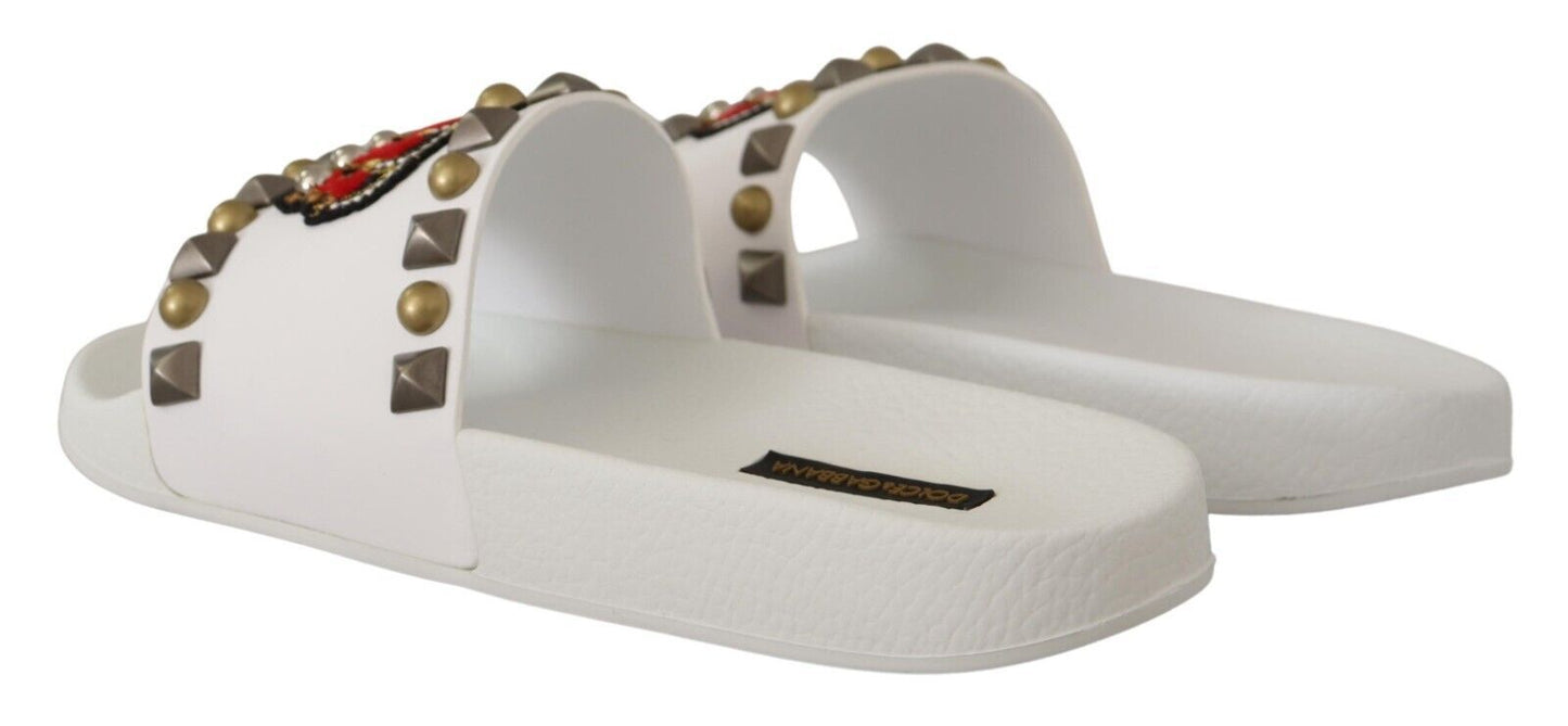 Regal White Leather Slides with Crown Patch