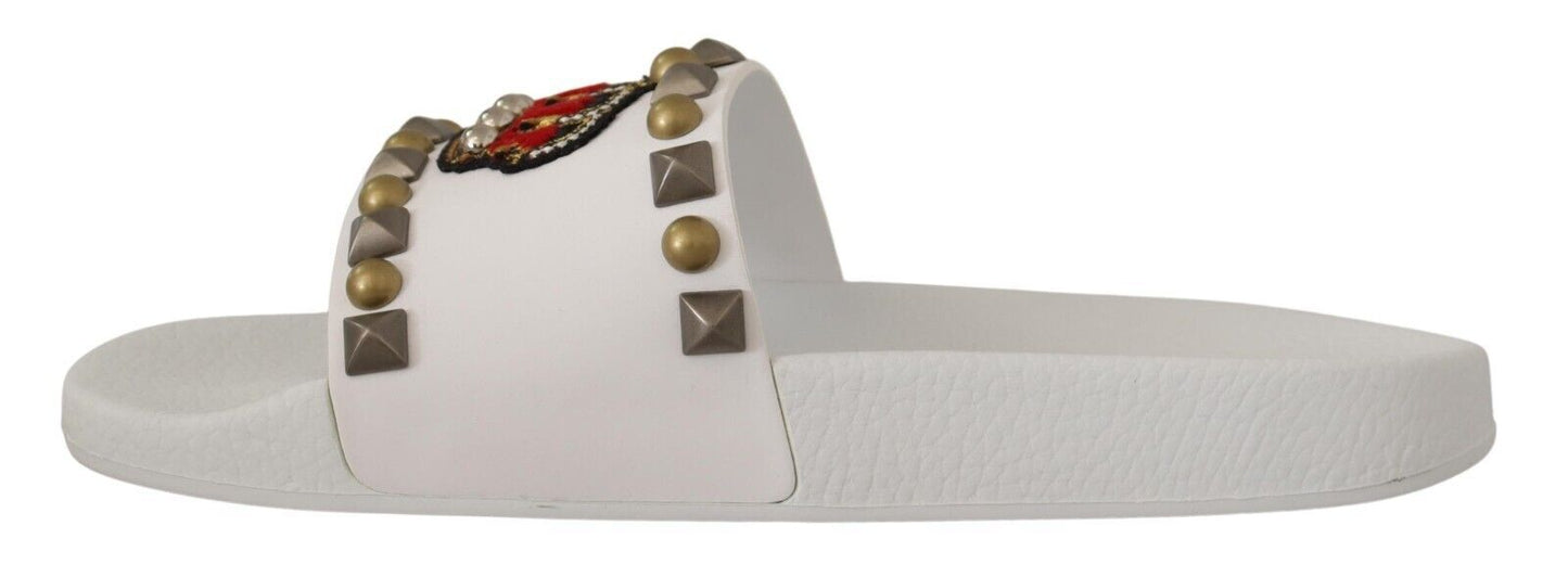 Regal White Leather Slides with Crown Patch