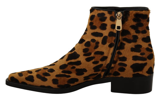 Elegant Leopard Zip-Up Leather Boots