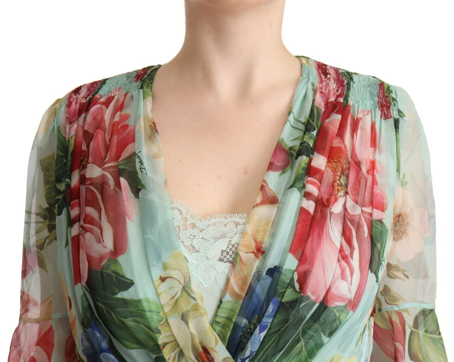 Elegant Floral Green Midi Silk Dress