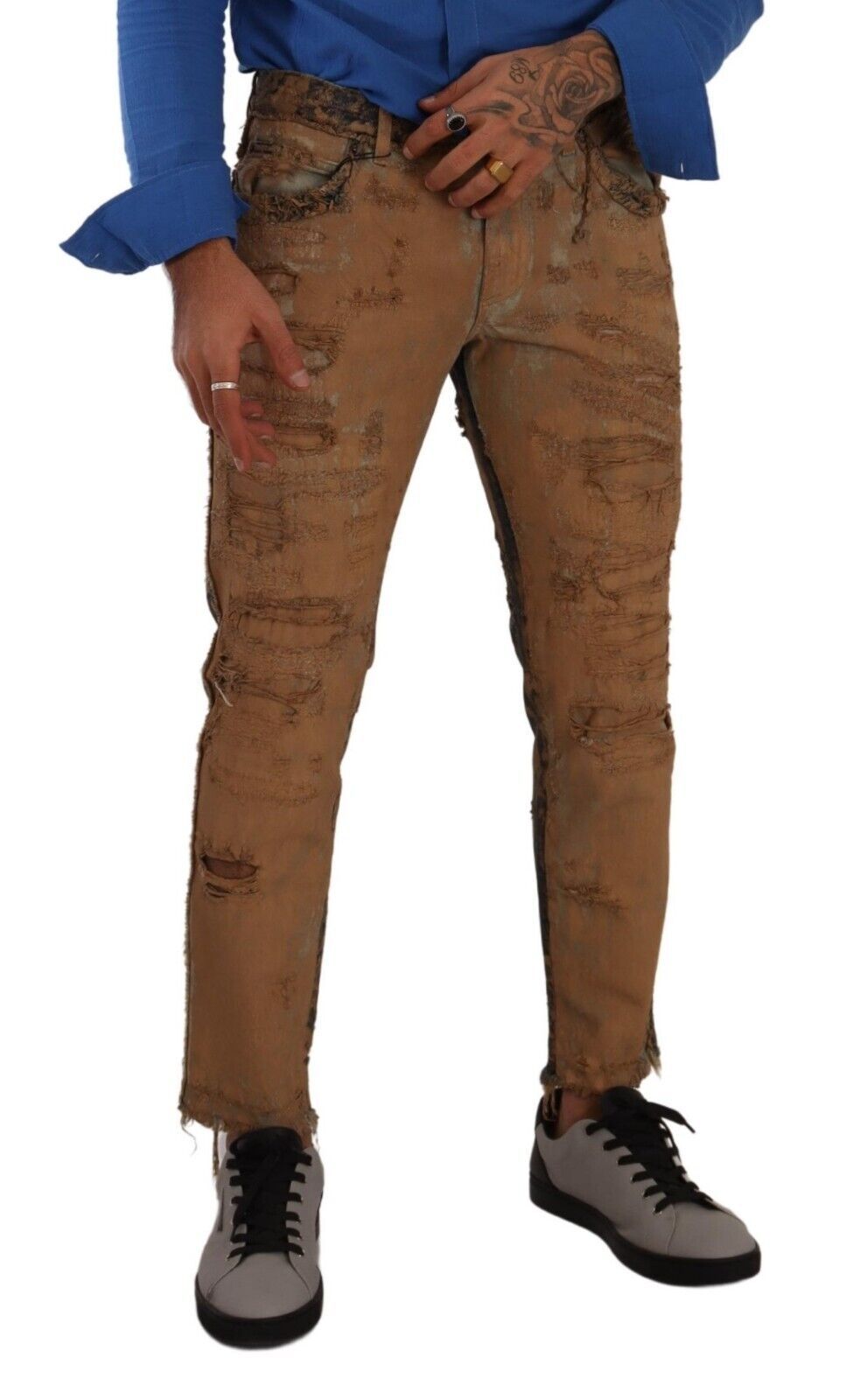 Brown Distressed Cotton Skinny Men Denim Jeans