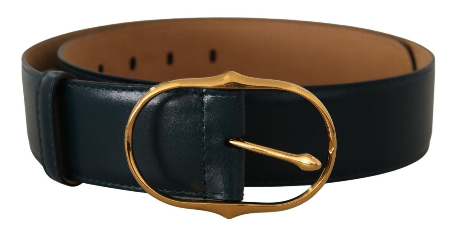 Elegant Blue Leather Belt with Gold Buckle