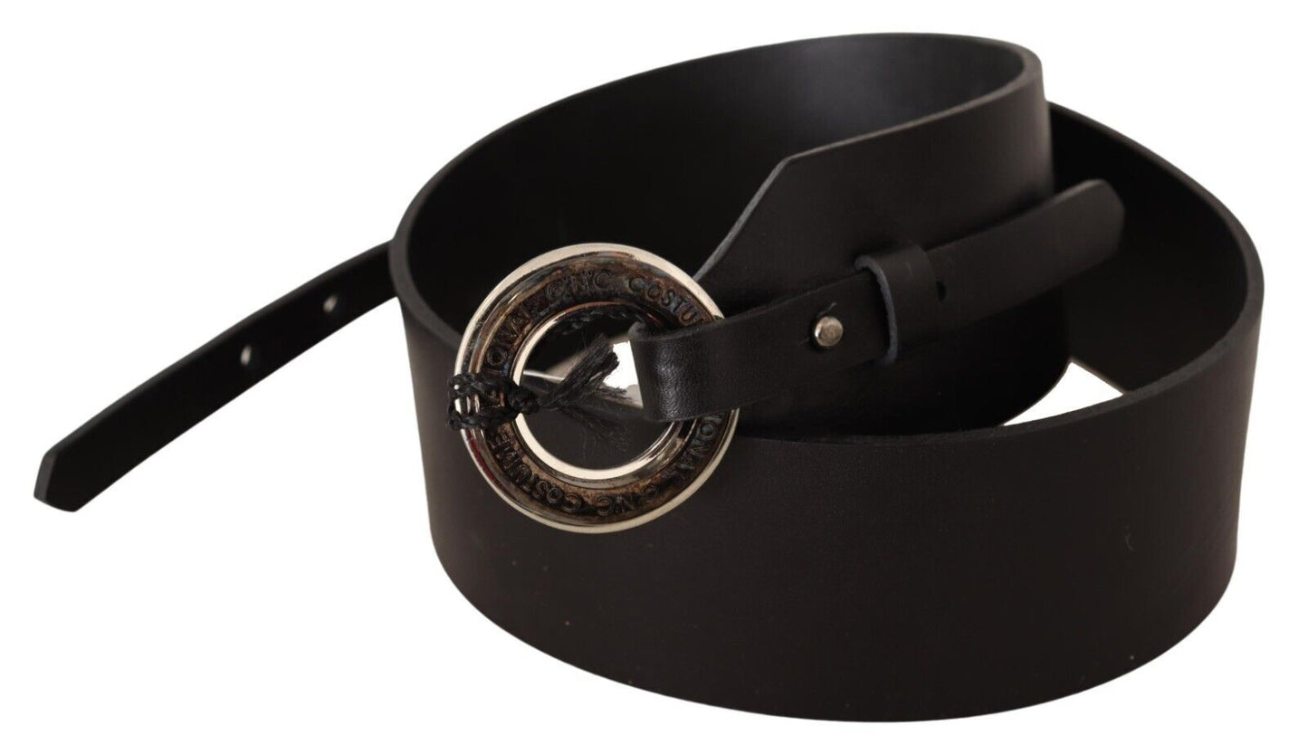 Black Leather Silver Round Buckle Belt