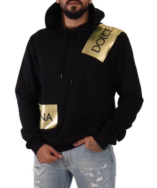 Elegant Black Hooded Pullover with Gold Logo